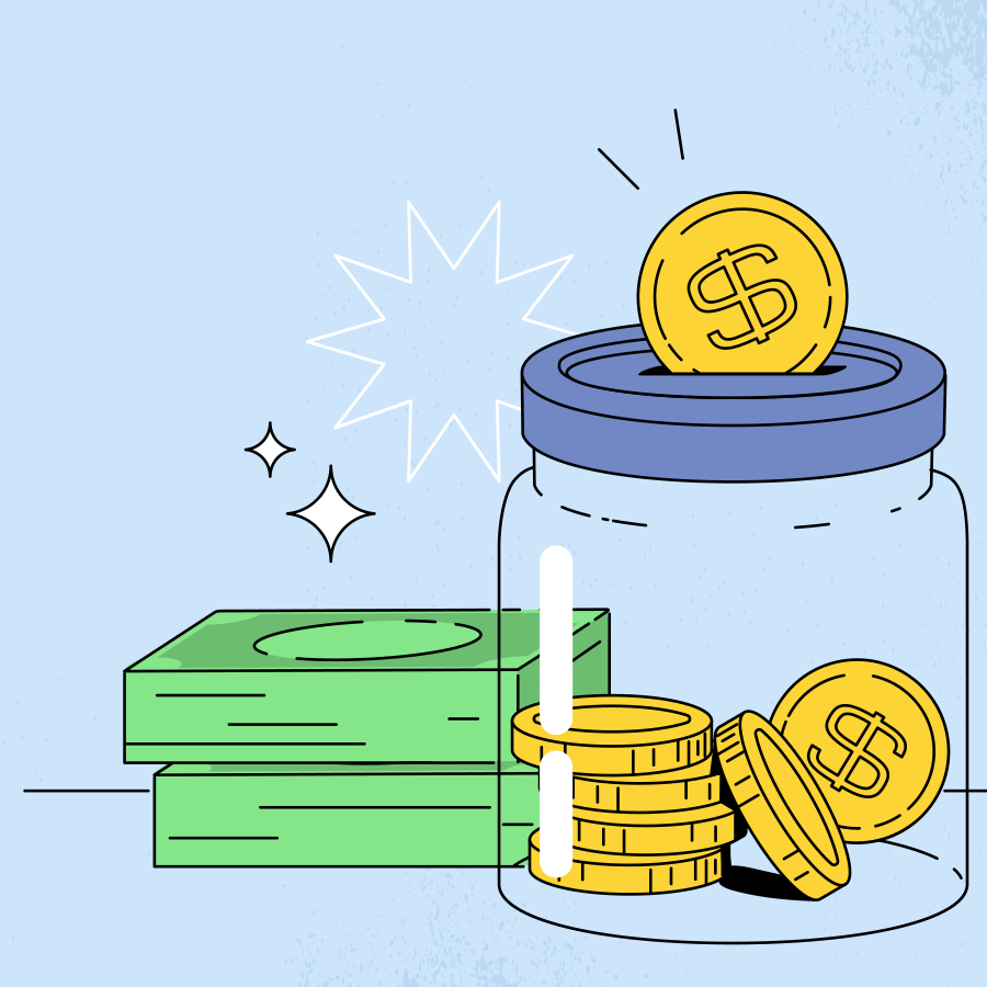 Illustration of cash and a money jar.