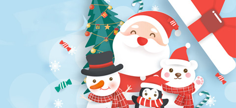 Illustration of Santa with a snowman and tree.