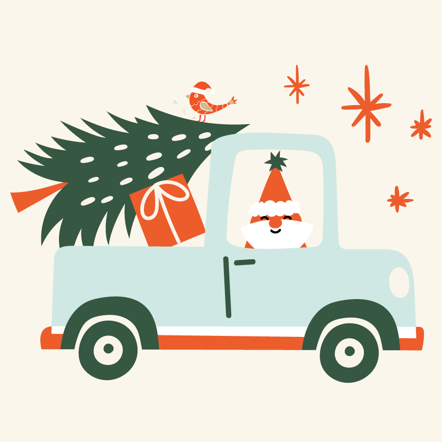 Santa in a truck with a tree and presents in back.